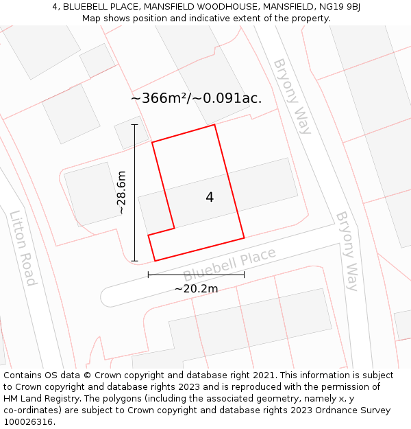 4, BLUEBELL PLACE, MANSFIELD WOODHOUSE, MANSFIELD, NG19 9BJ: Plot and title map