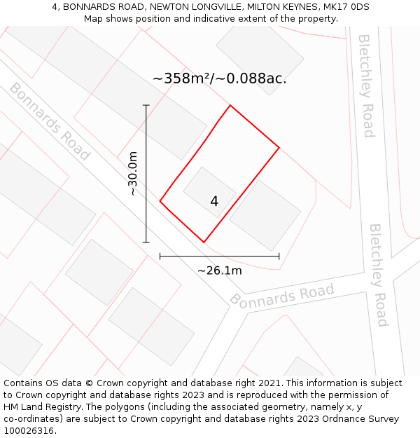 4, BONNARDS ROAD, NEWTON LONGVILLE, MILTON KEYNES, MK17 0DS: Plot and title map