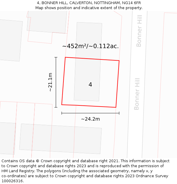 4, BONNER HILL, CALVERTON, NOTTINGHAM, NG14 6FR: Plot and title map