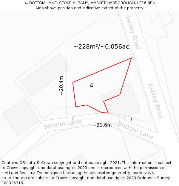 4, BOTTOM LANE, STOKE ALBANY, MARKET HARBOROUGH, LE16 8PN: Plot and title map