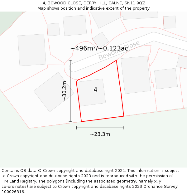 4, BOWOOD CLOSE, DERRY HILL, CALNE, SN11 9QZ: Plot and title map