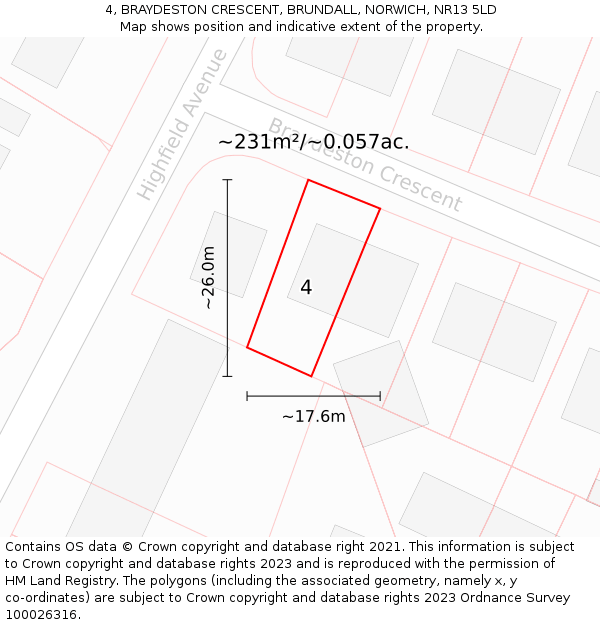 4, BRAYDESTON CRESCENT, BRUNDALL, NORWICH, NR13 5LD: Plot and title map