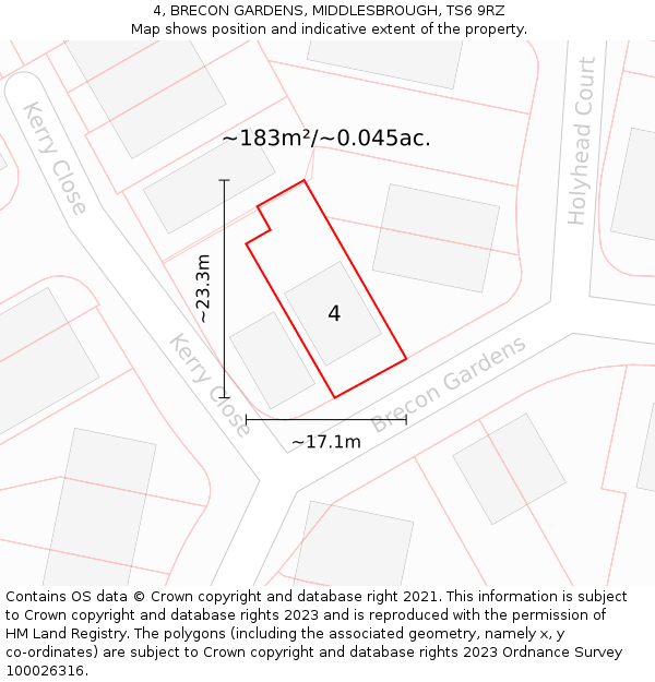 4, BRECON GARDENS, MIDDLESBROUGH, TS6 9RZ: Plot and title map