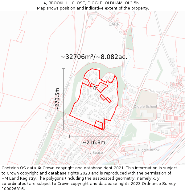 4, BROOKHILL CLOSE, DIGGLE, OLDHAM, OL3 5NH: Plot and title map