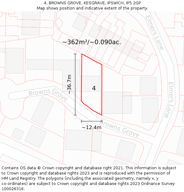 4, BROWNS GROVE, KESGRAVE, IPSWICH, IP5 2GP: Plot and title map