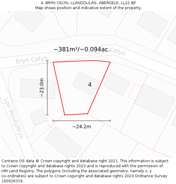 4, BRYN CELYN, LLANDDULAS, ABERGELE, LL22 8JF: Plot and title map