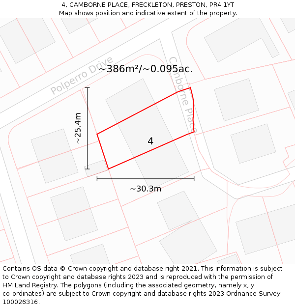 4, CAMBORNE PLACE, FRECKLETON, PRESTON, PR4 1YT: Plot and title map