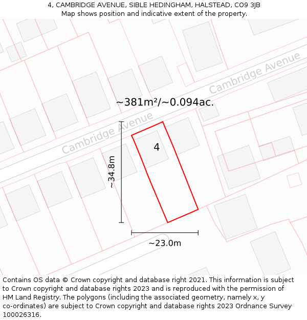 4, CAMBRIDGE AVENUE, SIBLE HEDINGHAM, HALSTEAD, CO9 3JB: Plot and title map