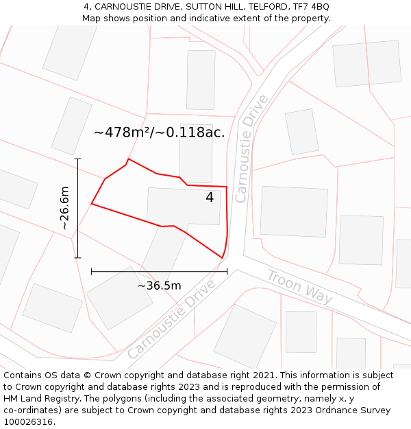 4, CARNOUSTIE DRIVE, SUTTON HILL, TELFORD, TF7 4BQ: Plot and title map