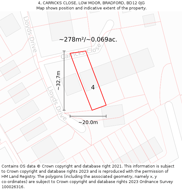 4, CARRICKS CLOSE, LOW MOOR, BRADFORD, BD12 0JG: Plot and title map