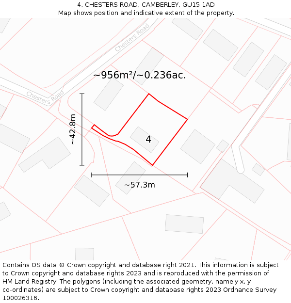 4, CHESTERS ROAD, CAMBERLEY, GU15 1AD: Plot and title map