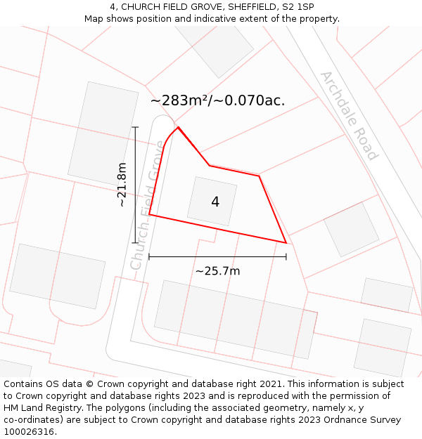 4, CHURCH FIELD GROVE, SHEFFIELD, S2 1SP: Plot and title map