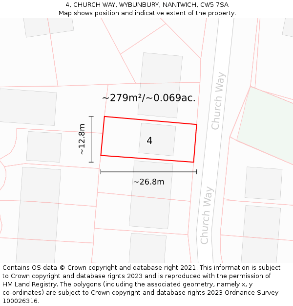 4, CHURCH WAY, WYBUNBURY, NANTWICH, CW5 7SA: Plot and title map