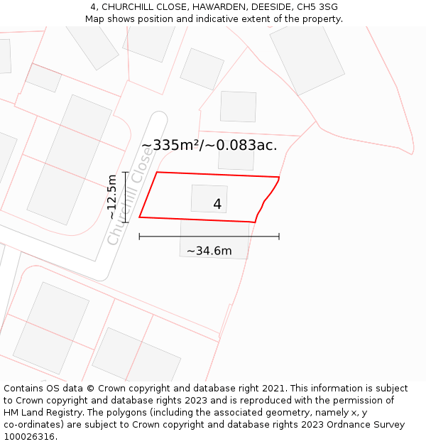 4, CHURCHILL CLOSE, HAWARDEN, DEESIDE, CH5 3SG: Plot and title map