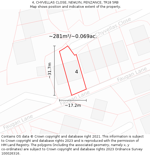 4, CHYVELLAS CLOSE, NEWLYN, PENZANCE, TR18 5RB: Plot and title map