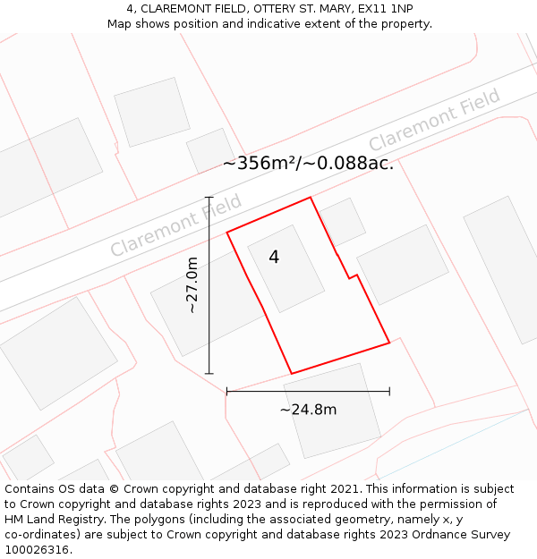 4, CLAREMONT FIELD, OTTERY ST. MARY, EX11 1NP: Plot and title map