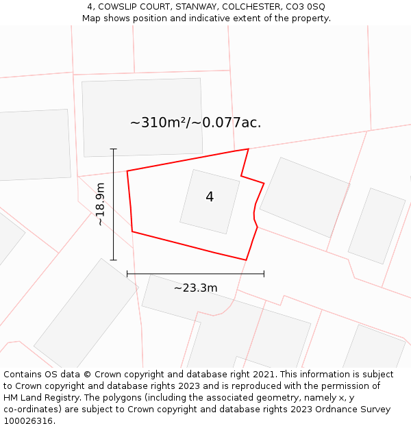 4, COWSLIP COURT, STANWAY, COLCHESTER, CO3 0SQ: Plot and title map