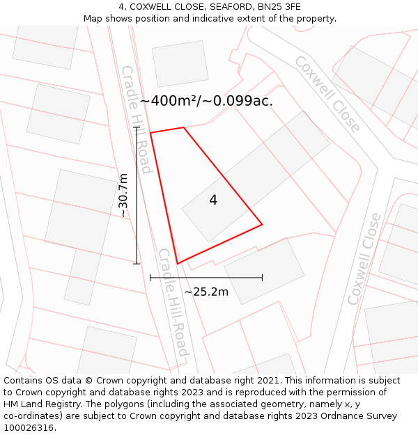 4, COXWELL CLOSE, SEAFORD, BN25 3FE: Plot and title map