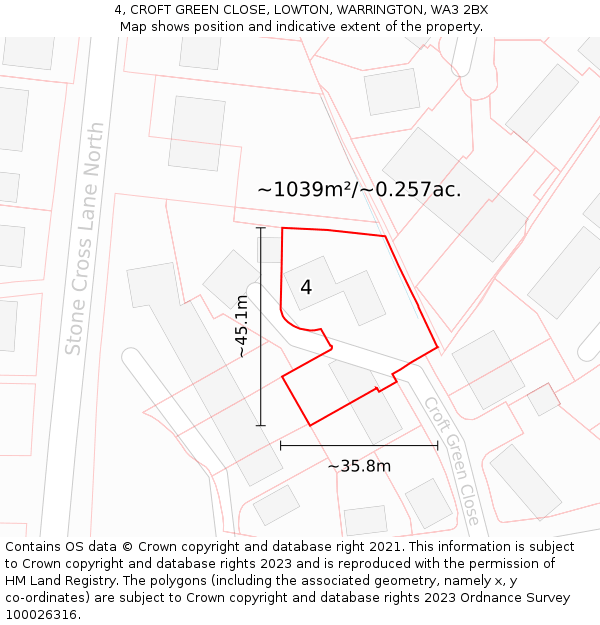 4, CROFT GREEN CLOSE, LOWTON, WARRINGTON, WA3 2BX: Plot and title map