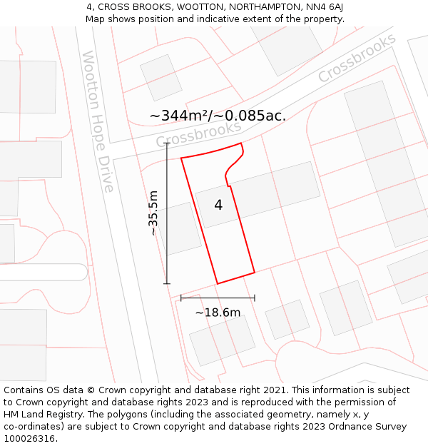 4, CROSS BROOKS, WOOTTON, NORTHAMPTON, NN4 6AJ: Plot and title map