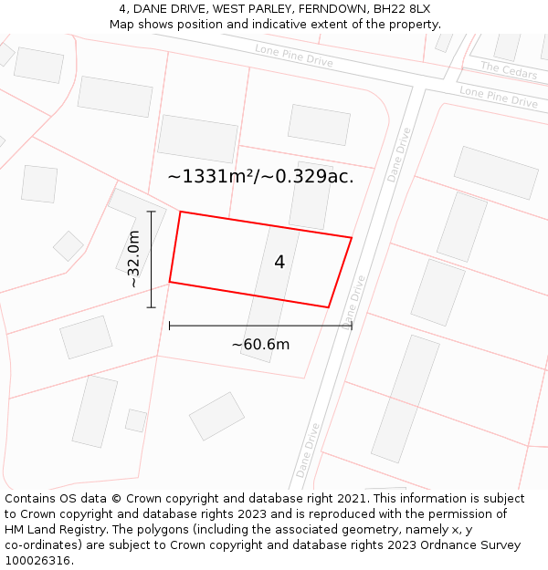 4, DANE DRIVE, WEST PARLEY, FERNDOWN, BH22 8LX: Plot and title map