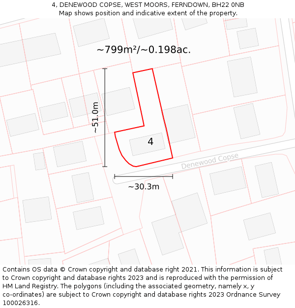 4, DENEWOOD COPSE, WEST MOORS, FERNDOWN, BH22 0NB: Plot and title map