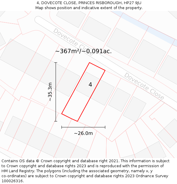 4, DOVECOTE CLOSE, PRINCES RISBOROUGH, HP27 9JU: Plot and title map