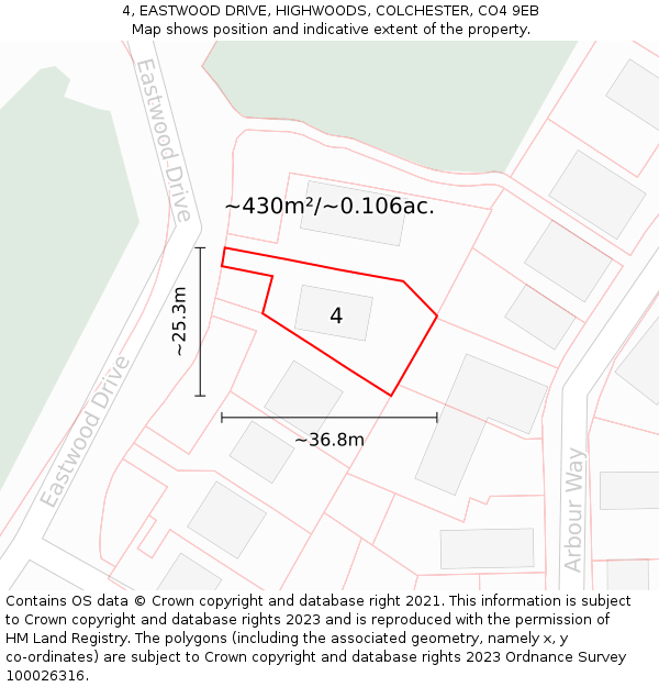 4, EASTWOOD DRIVE, HIGHWOODS, COLCHESTER, CO4 9EB: Plot and title map