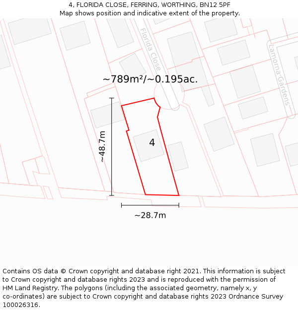 4, FLORIDA CLOSE, FERRING, WORTHING, BN12 5PF: Plot and title map