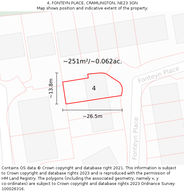 4, FONTEYN PLACE, CRAMLINGTON, NE23 3GN: Plot and title map