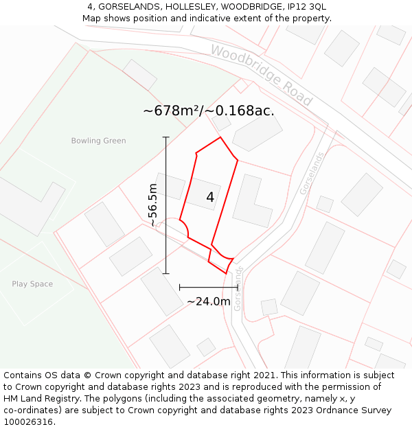 4, GORSELANDS, HOLLESLEY, WOODBRIDGE, IP12 3QL: Plot and title map