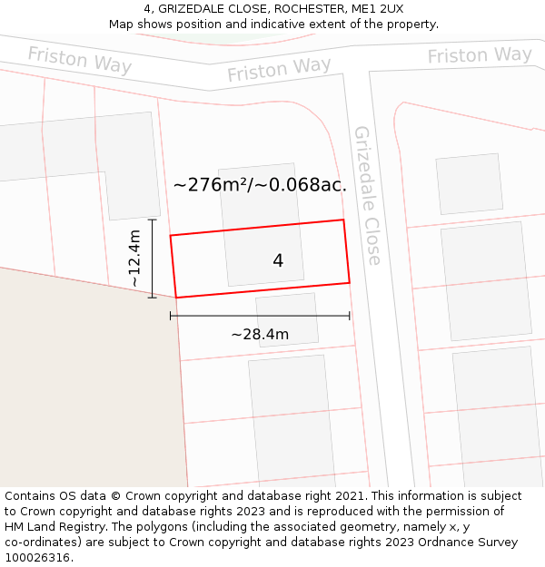 4, GRIZEDALE CLOSE, ROCHESTER, ME1 2UX: Plot and title map