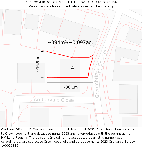 4, GROOMBRIDGE CRESCENT, LITTLEOVER, DERBY, DE23 3YA: Plot and title map