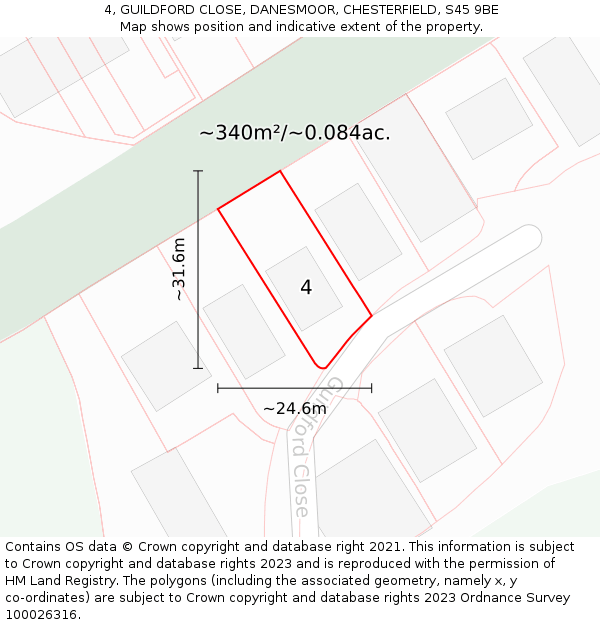 4, GUILDFORD CLOSE, DANESMOOR, CHESTERFIELD, S45 9BE: Plot and title map