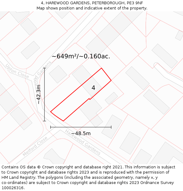 4, HAREWOOD GARDENS, PETERBOROUGH, PE3 9NF: Plot and title map