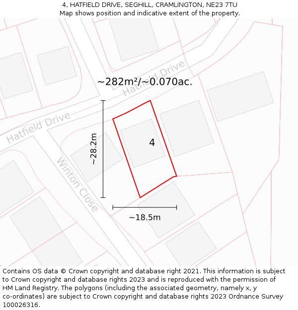 4, HATFIELD DRIVE, SEGHILL, CRAMLINGTON, NE23 7TU: Plot and title map