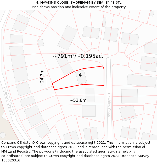 4, HAWKINS CLOSE, SHOREHAM-BY-SEA, BN43 6TL: Plot and title map