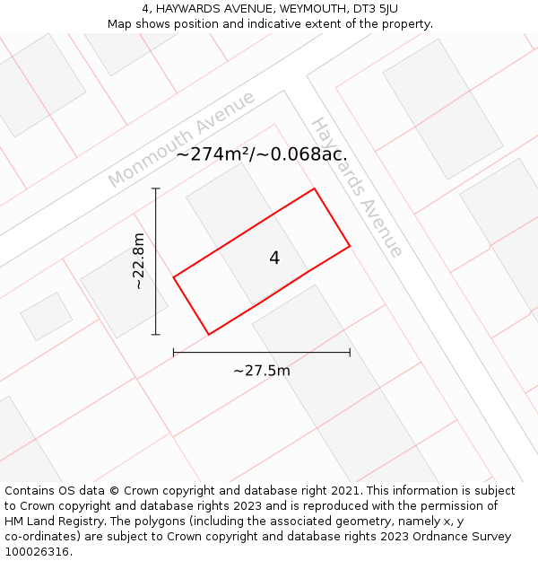 4, HAYWARDS AVENUE, WEYMOUTH, DT3 5JU: Plot and title map