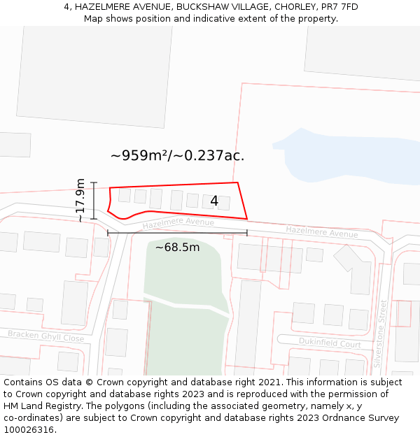 4, HAZELMERE AVENUE, BUCKSHAW VILLAGE, CHORLEY, PR7 7FD: Plot and title map