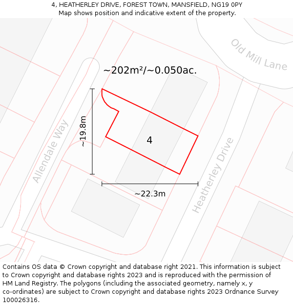 4, HEATHERLEY DRIVE, FOREST TOWN, MANSFIELD, NG19 0PY: Plot and title map