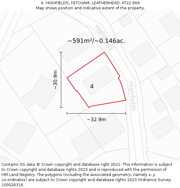 4, HIGHFIELDS, FETCHAM, LEATHERHEAD, KT22 9XA: Plot and title map