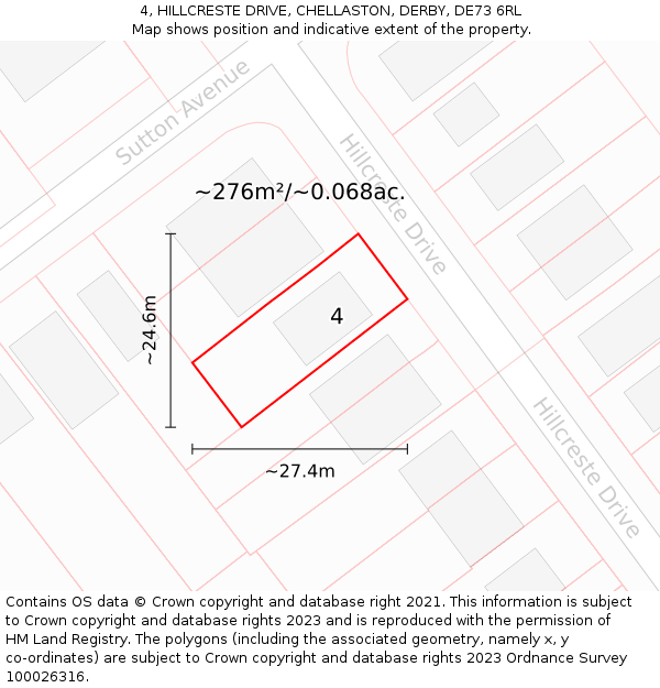 4, HILLCRESTE DRIVE, CHELLASTON, DERBY, DE73 6RL: Plot and title map