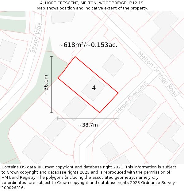 4, HOPE CRESCENT, MELTON, WOODBRIDGE, IP12 1SJ: Plot and title map