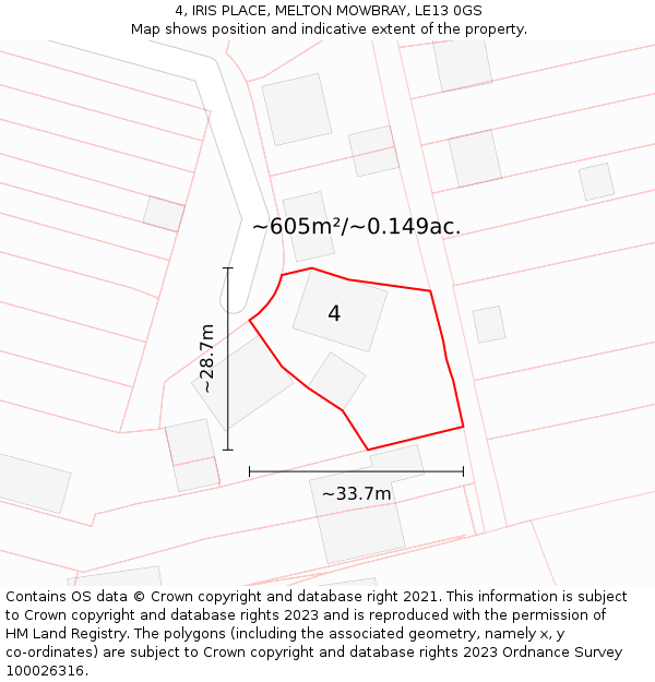 4, IRIS PLACE, MELTON MOWBRAY, LE13 0GS: Plot and title map