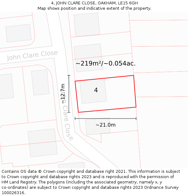 4, JOHN CLARE CLOSE, OAKHAM, LE15 6GH: Plot and title map