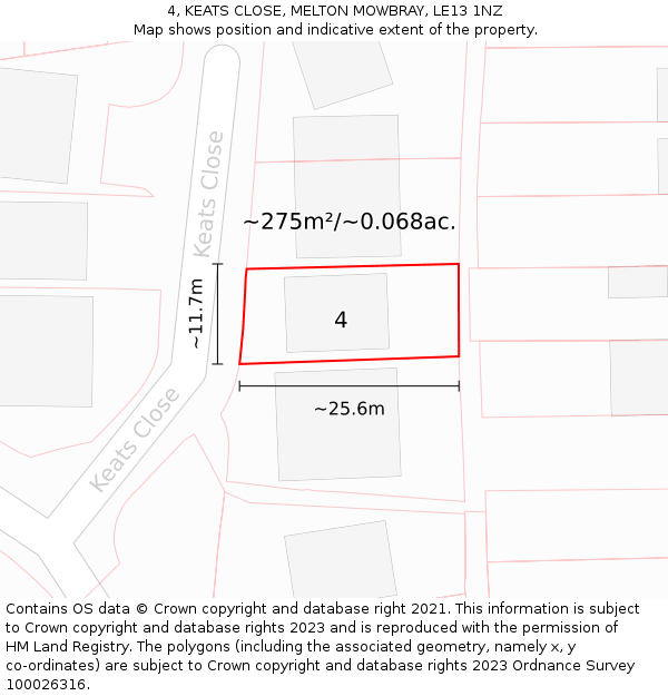 4, KEATS CLOSE, MELTON MOWBRAY, LE13 1NZ: Plot and title map