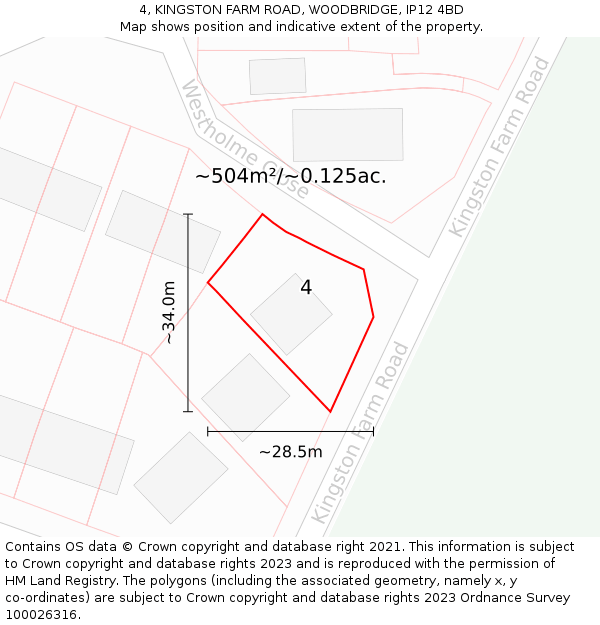 4, KINGSTON FARM ROAD, WOODBRIDGE, IP12 4BD: Plot and title map