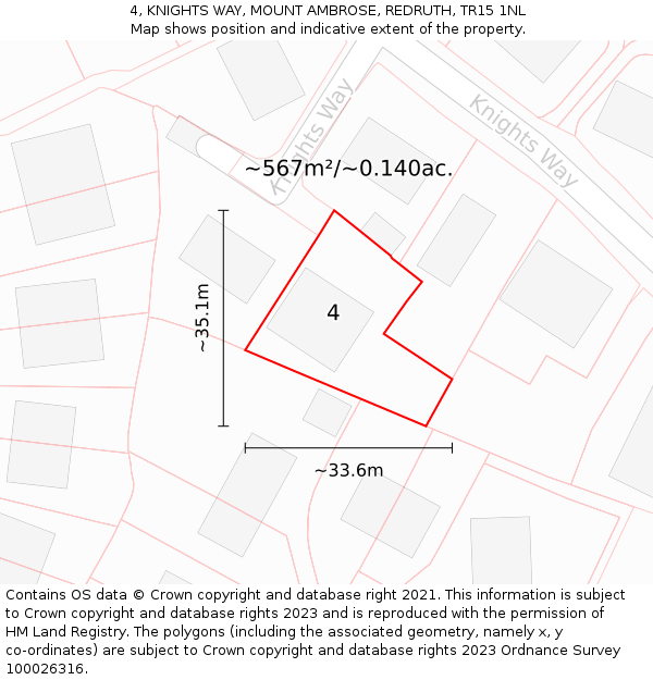 4, KNIGHTS WAY, MOUNT AMBROSE, REDRUTH, TR15 1NL: Plot and title map