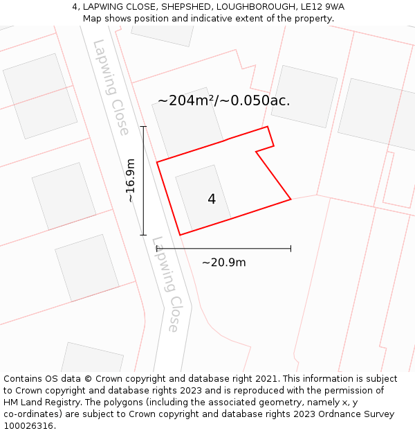 4, LAPWING CLOSE, SHEPSHED, LOUGHBOROUGH, LE12 9WA: Plot and title map