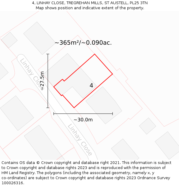 4, LINHAY CLOSE, TREGREHAN MILLS, ST AUSTELL, PL25 3TN: Plot and title map